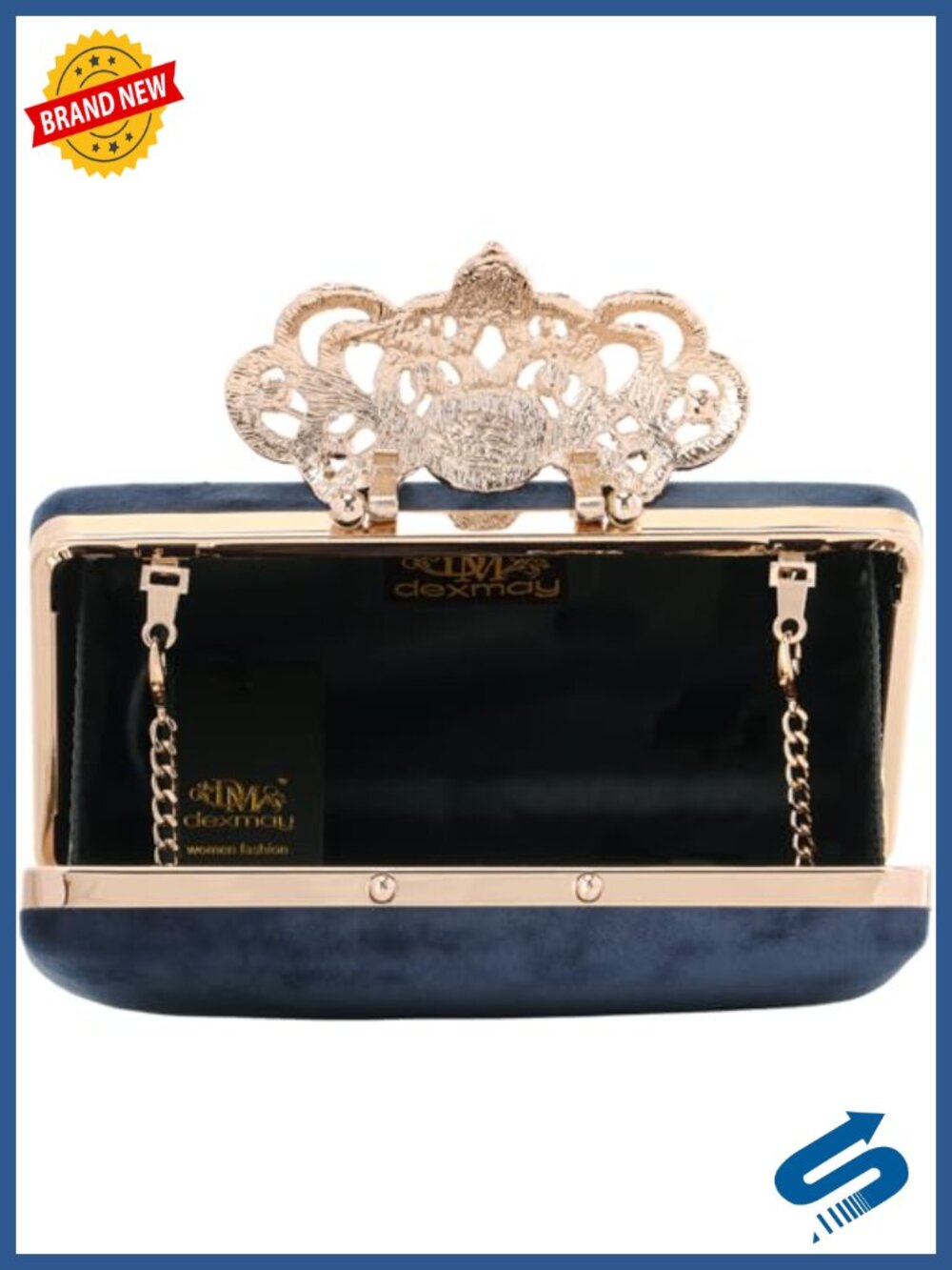 Crystal Crown Clasp Faux Suede Evening Clutch With Removable Chain - Picture 5 of 6